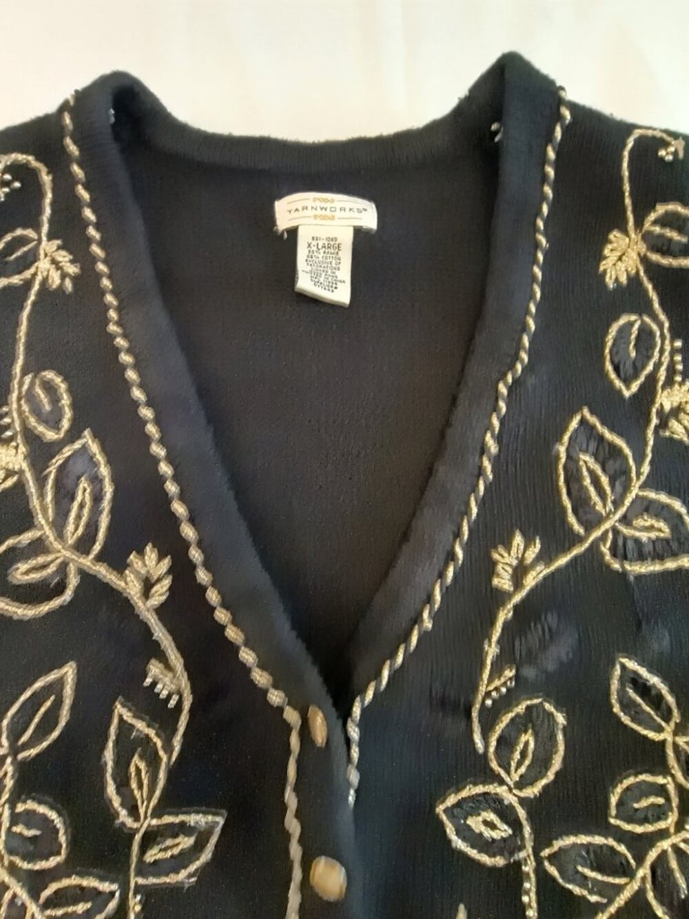 Yarnworks Women’s XL Black Embroidered Knit Vest Gold Leaf Design Boho Formal - Picture 5 of 12